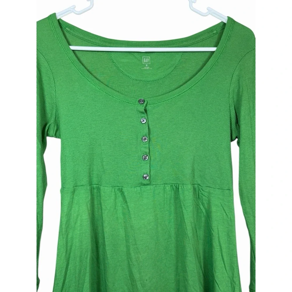 GAP Y2K Scoop Neck Babydoll Top Green‎ Ribbed Cotton Modal Women's S Henley - Picture 2 of 12